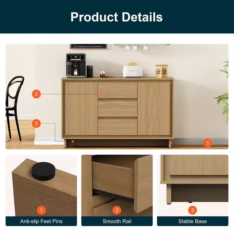 Mobile contenitore in rovere naturale/beige, 2 ante e 3 cassetti, autoportante