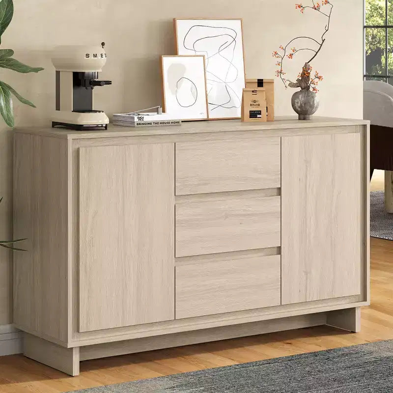 Mobile contenitore in rovere naturale/beige, 2 ante e 3 cassetti, autoportante