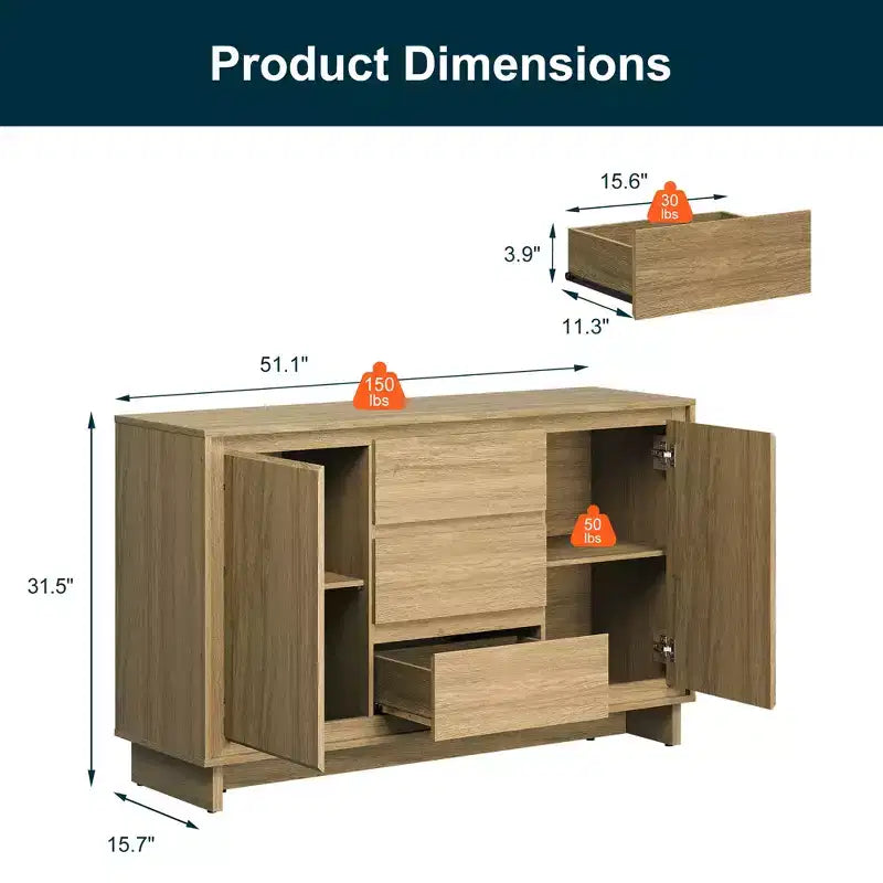 Mobile contenitore in rovere naturale/beige, 2 ante e 3 cassetti, autoportante