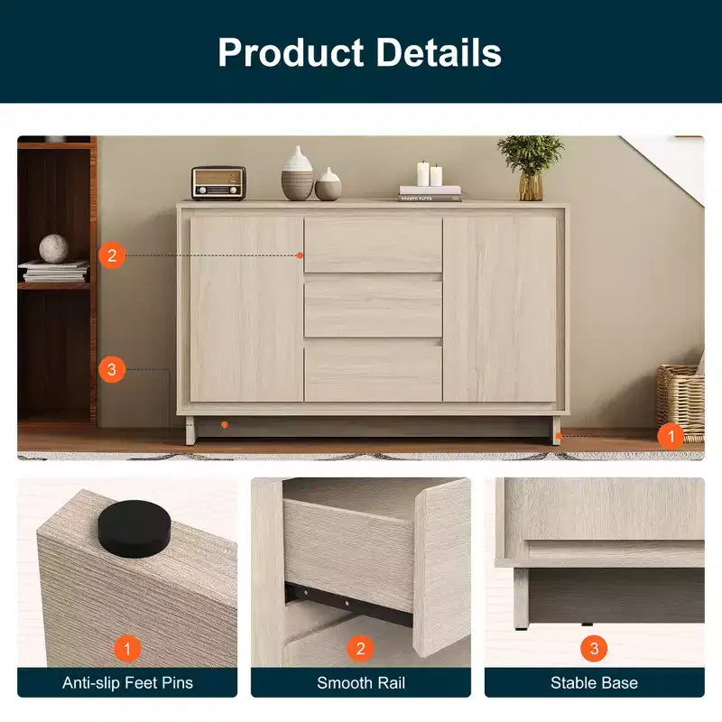Mobile contenitore in rovere naturale/beige, 2 ante e 3 cassetti, autoportante