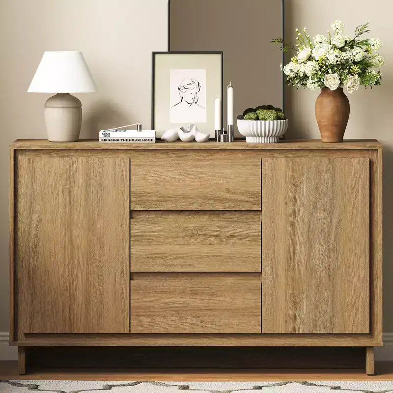 Mobile contenitore in rovere naturale/beige, 2 ante e 3 cassetti, autoportante