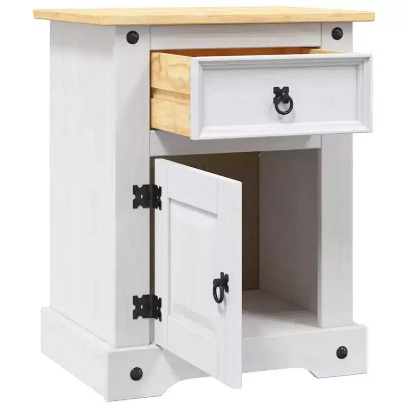 Comodino rustico in pino marrone/bianco con cassetto e armadietto, singolo