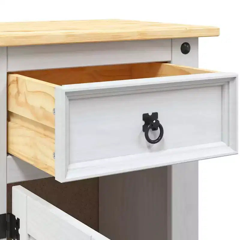 Comodino rustico in pino marrone/bianco con cassetto e armadietto, singolo