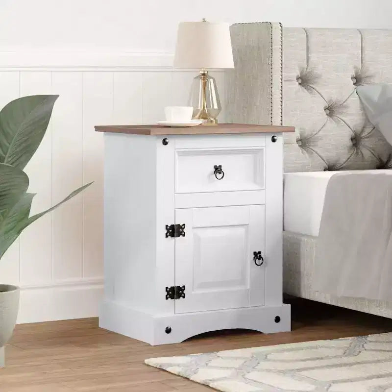 Comodino rustico in pino marrone/bianco con cassetto e armadietto, singolo