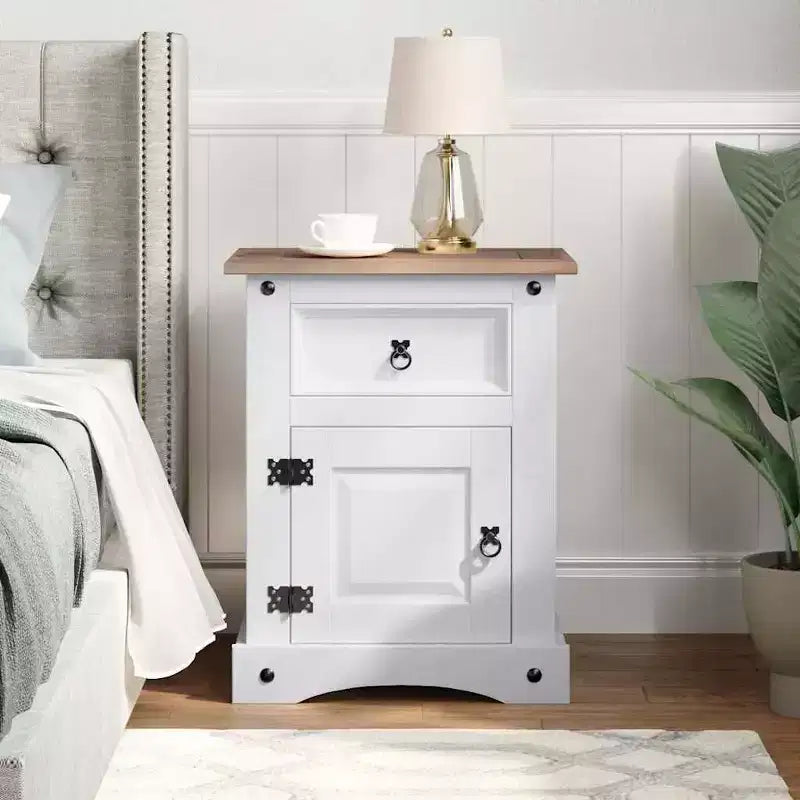 Comodino rustico in pino marrone/bianco con cassetto e armadietto, singolo