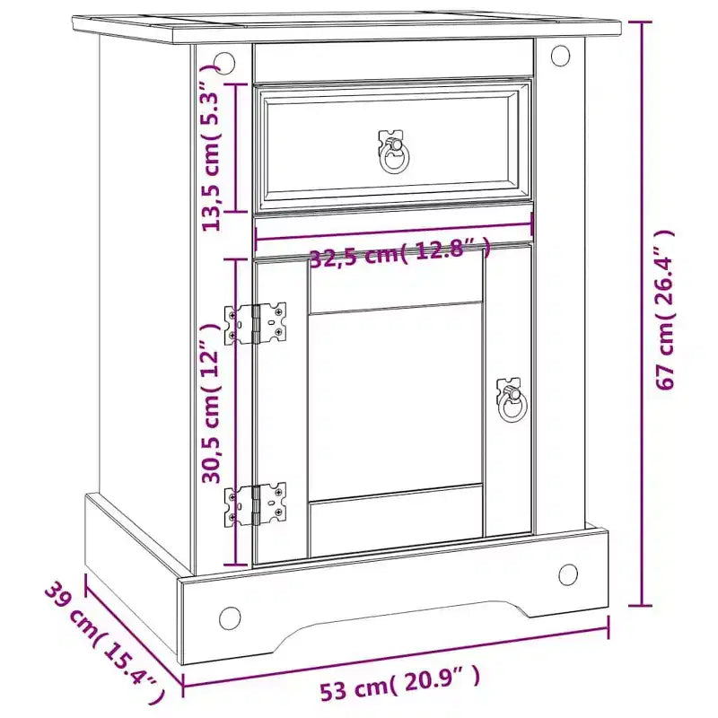 Comodino rustico in pino marrone/bianco con cassetto e armadietto, singolo
