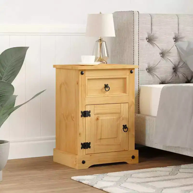Comodino rustico in pino marrone/bianco con cassetto e armadietto, singolo