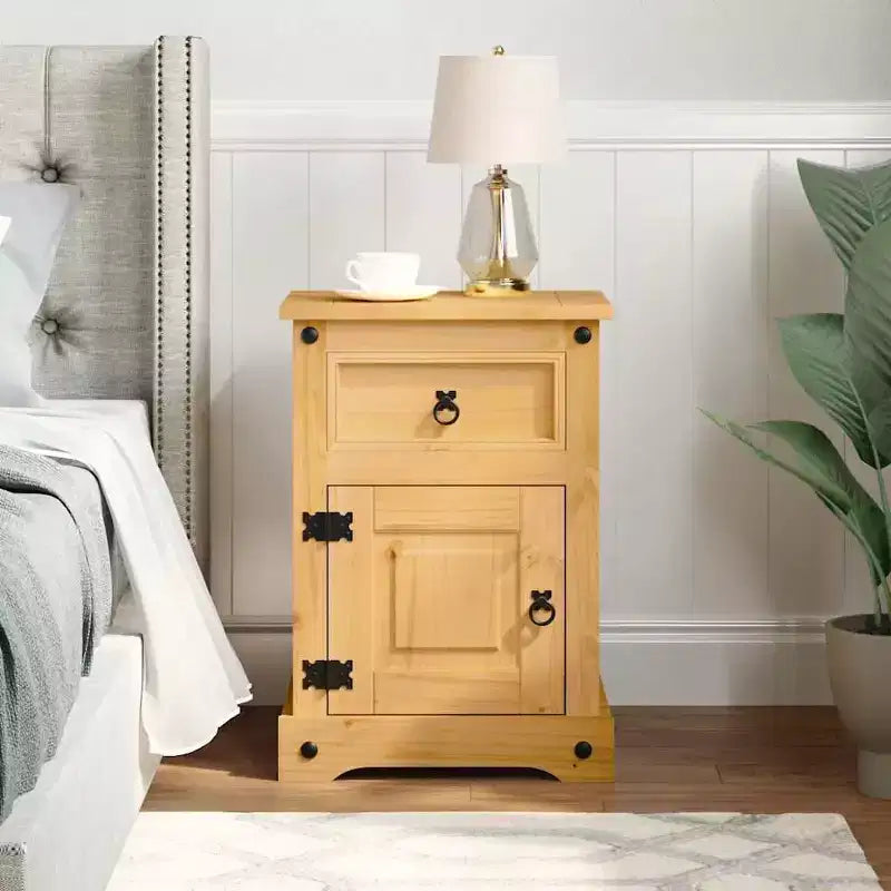 Comodino rustico in pino marrone/bianco con cassetto e armadietto, singolo