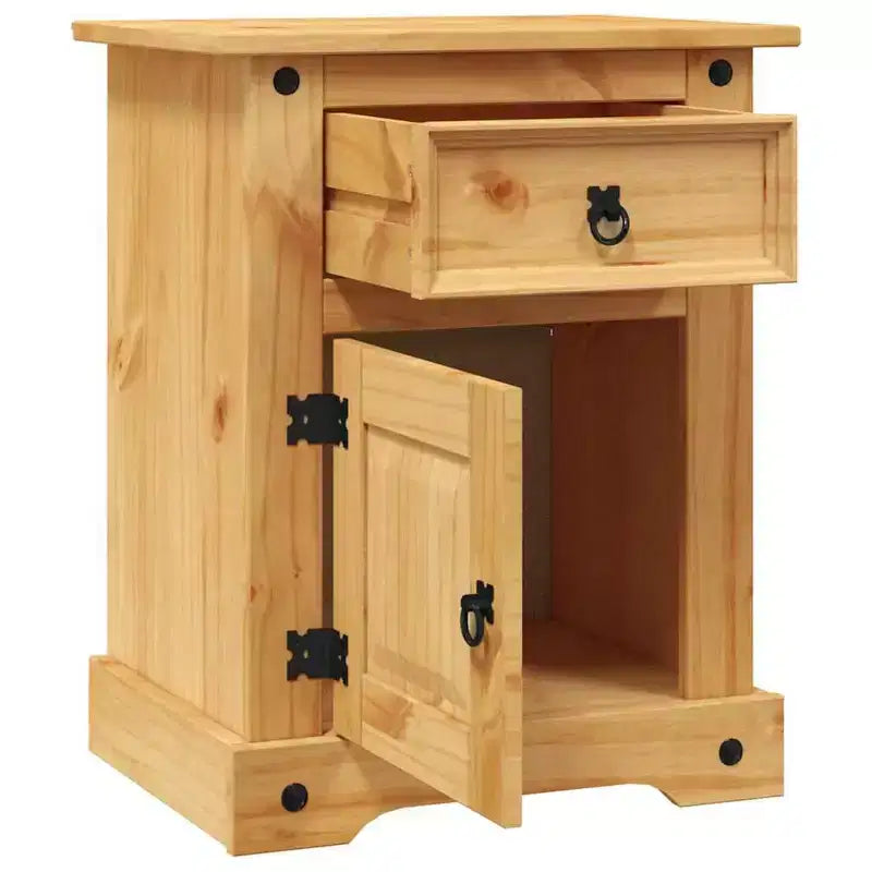 Comodino rustico in pino marrone/bianco con cassetto e armadietto, singolo