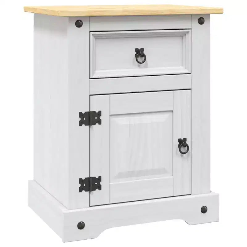 Comodino rustico in pino marrone/bianco con cassetto e armadietto, singolo