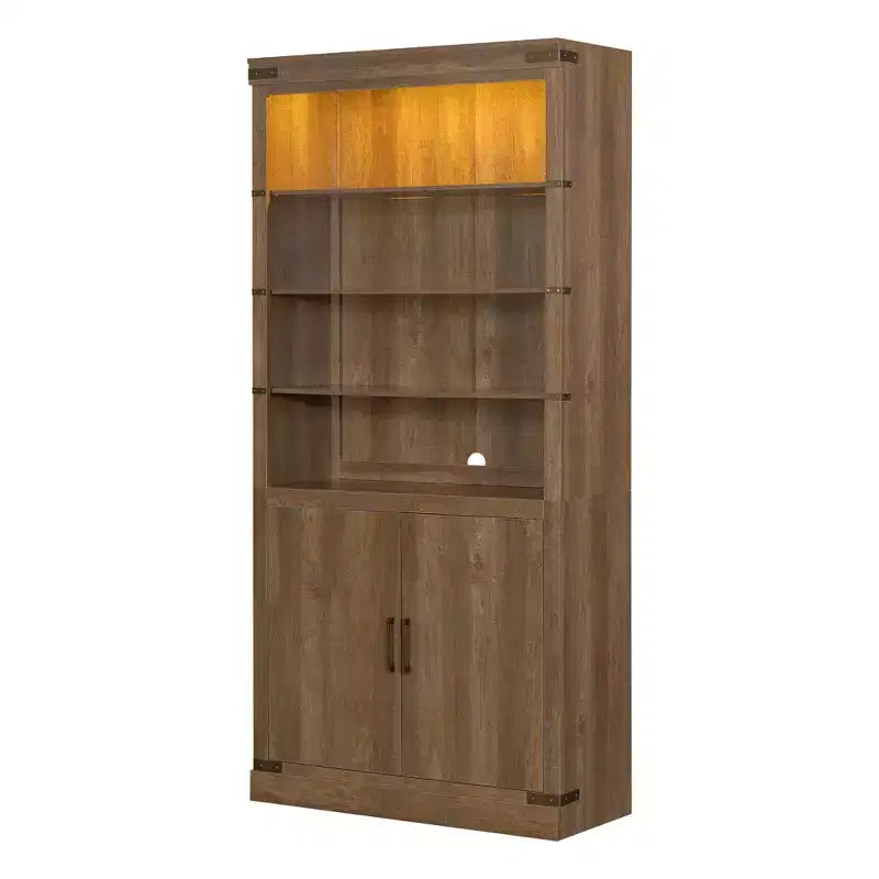 Libreria a 4 ripiani in noce con luce LED e ante, stile rustico retrò, singola