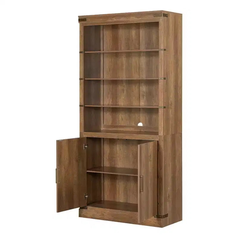 Libreria a 4 ripiani in noce con luce LED e ante, stile rustico retrò, singola