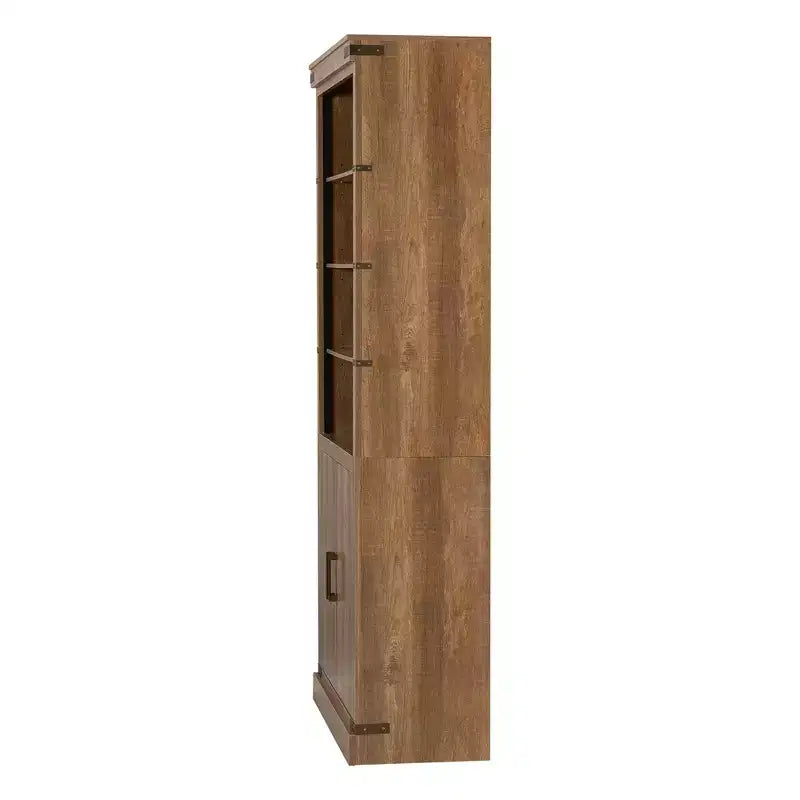 Libreria a 4 ripiani in noce con luce LED e ante, stile rustico retrò, singola
