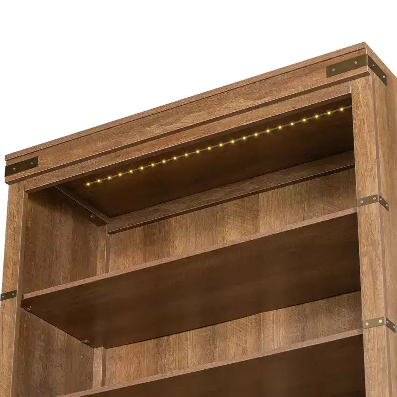 Libreria a 4 ripiani in noce con luce LED e ante, stile rustico retrò, singola
