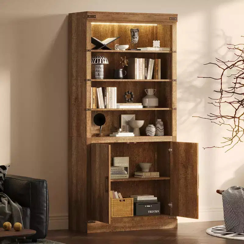 Libreria a 4 ripiani in noce con luce LED e ante, stile rustico retrò, singola