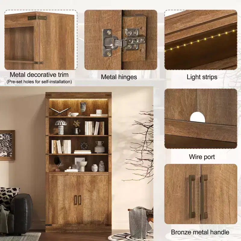 Libreria a 4 ripiani in noce con luce LED e ante, stile rustico retrò, singola
