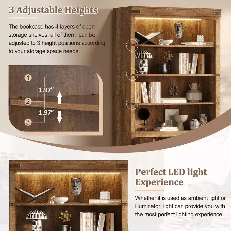 Libreria a 4 ripiani in noce con luce LED e ante, stile rustico retrò, singola