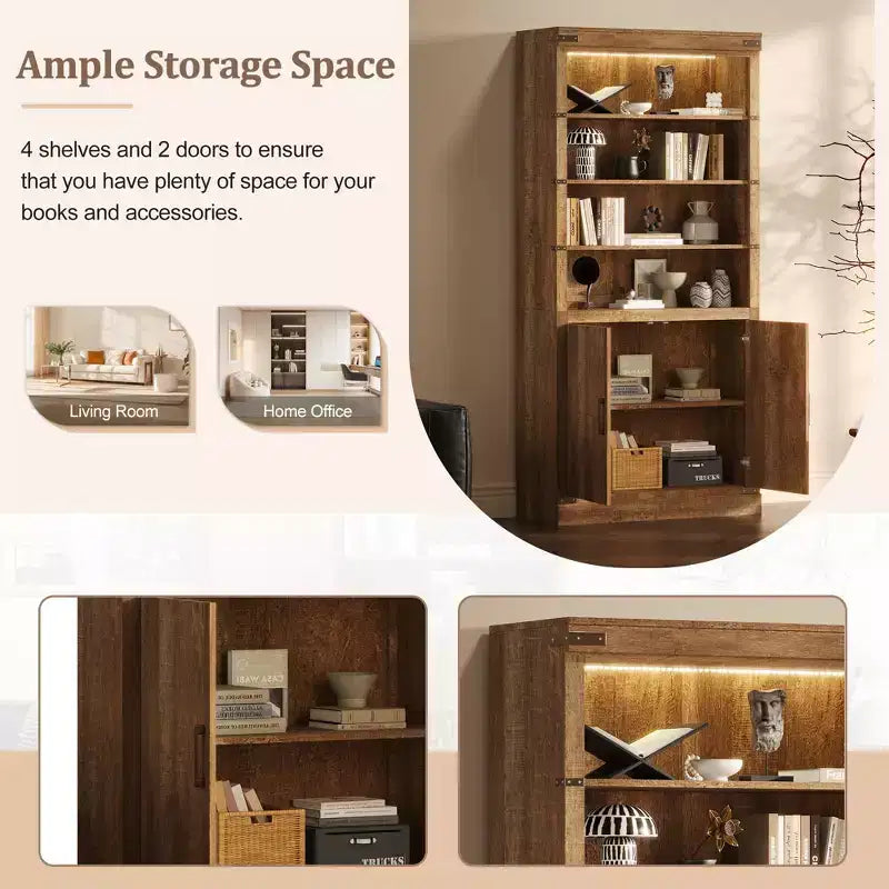Libreria a 4 ripiani in noce con luce LED e ante, stile rustico retrò, singola