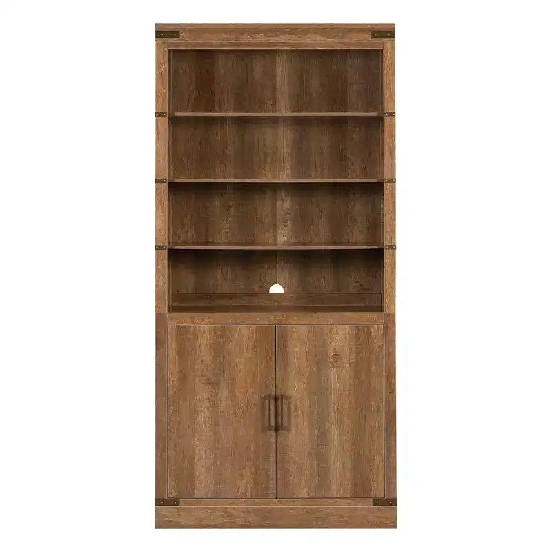 Libreria a 4 ripiani in noce con luce LED e ante, stile rustico retrò, singola