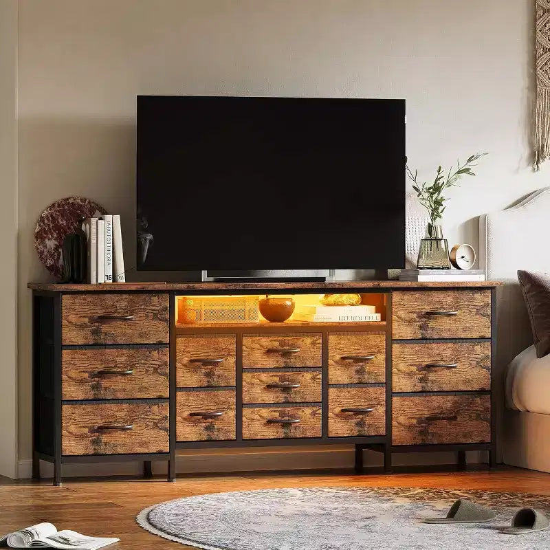 Comò a 13 cassetti e porta TV nero/marrone/bianco, portaoggetti in tessuto, adatto per TV fino a 80", montaggio da 1 persona