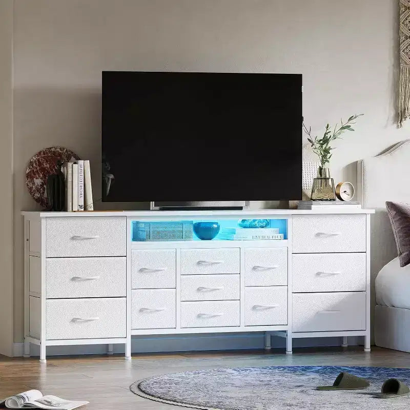 Comò a 13 cassetti e porta TV nero/marrone/bianco, portaoggetti in tessuto, adatto per TV fino a 80", montaggio da 1 persona