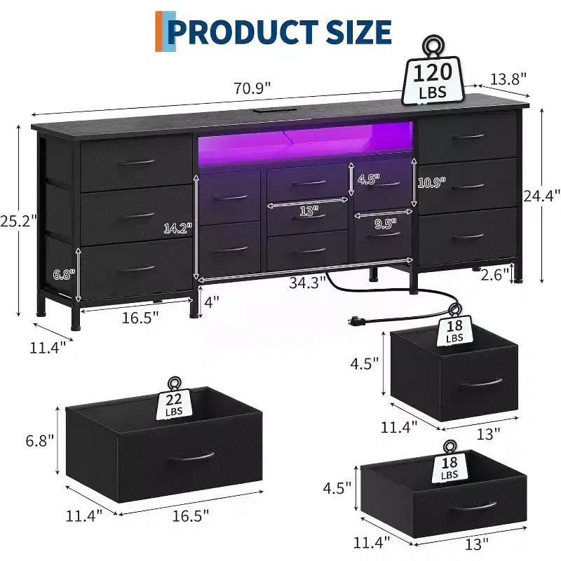 Comò a 13 cassetti e porta TV nero/marrone/bianco, portaoggetti in tessuto, adatto per TV fino a 80", montaggio da 1 persona
