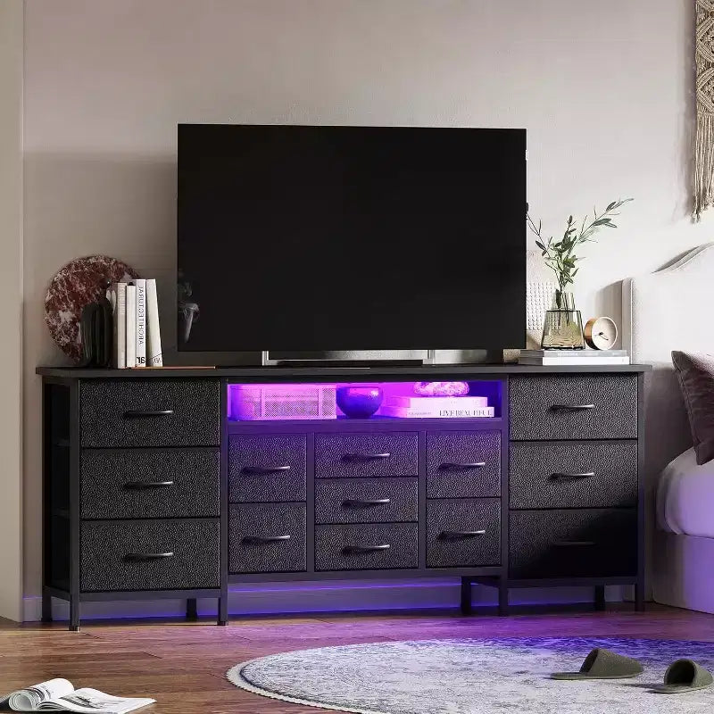 Comò a 13 cassetti e porta TV nero/marrone/bianco, portaoggetti in tessuto, adatto per TV fino a 80", montaggio da 1 persona