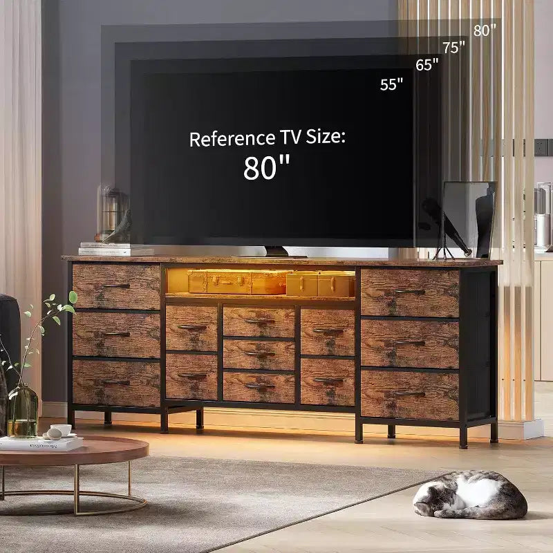 Comò a 13 cassetti e porta TV nero/marrone/bianco, portaoggetti in tessuto, adatto per TV fino a 80", montaggio da 1 persona