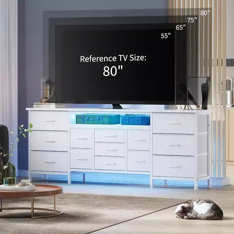 Comò a 13 cassetti e porta TV nero/marrone/bianco, portaoggetti in tessuto, adatto per TV fino a 80", montaggio da 1 persona