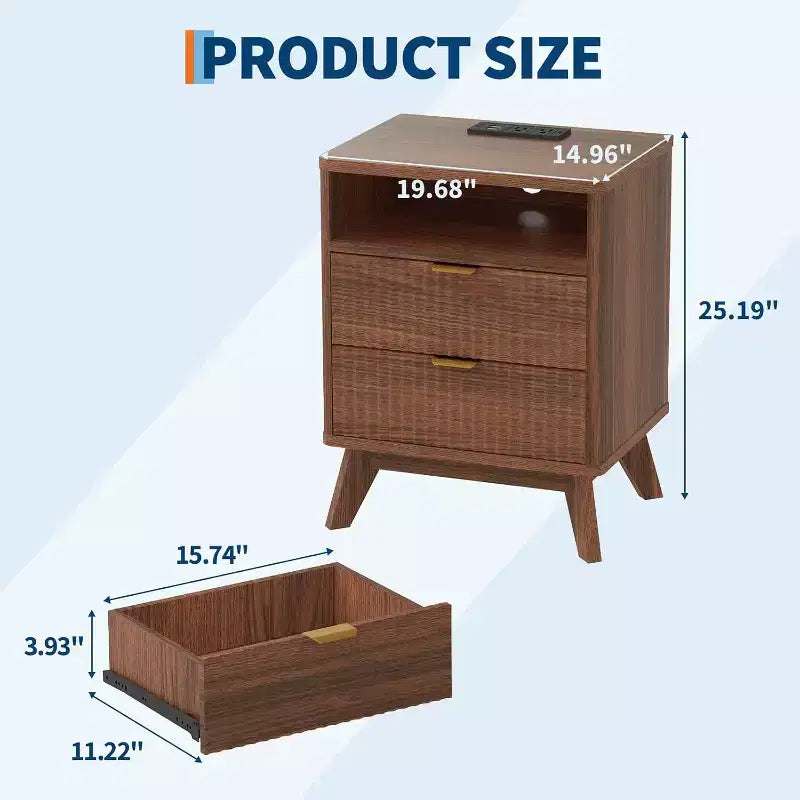 Comodino scanalato beige/marrone con stazione di ricarica e 2 cassetti – 1 o 2 pezzi