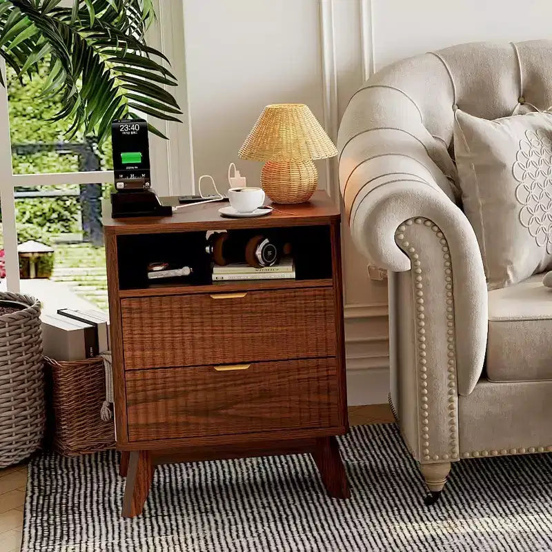Comodino scanalato beige/marrone con stazione di ricarica e 2 cassetti – 1 o 2 pezzi