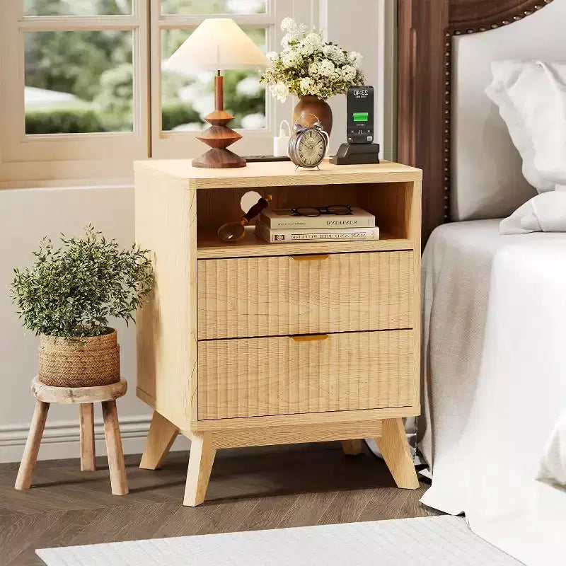 Comodino scanalato beige/marrone con stazione di ricarica e 2 cassetti – 1 o 2 pezzi