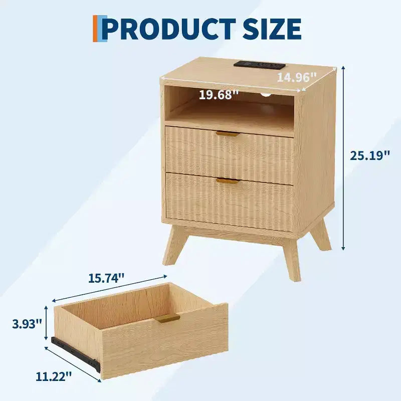 Comodino scanalato beige/marrone con stazione di ricarica e 2 cassetti – 1 o 2 pezzi