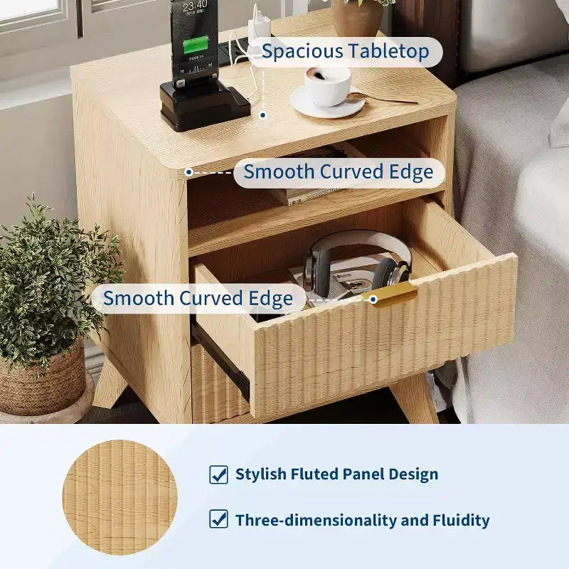 Comodino scanalato beige/marrone con stazione di ricarica e 2 cassetti – 1 o 2 pezzi