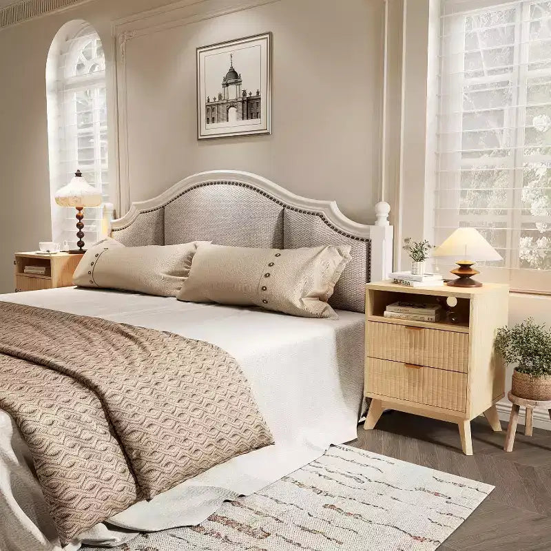 Comodino scanalato beige/marrone con stazione di ricarica e 2 cassetti – 1 o 2 pezzi