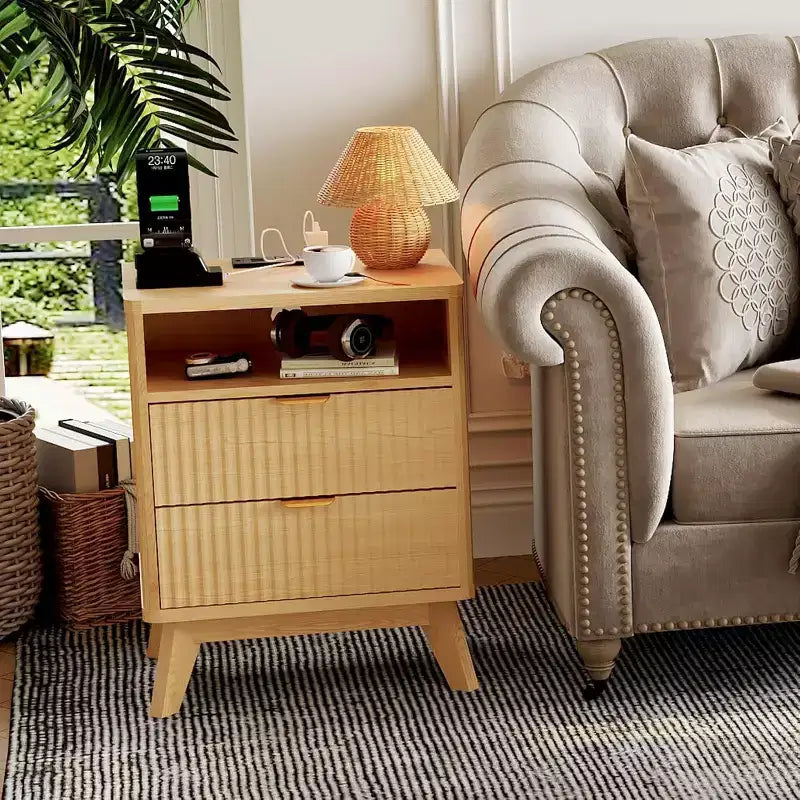 Comodino scanalato beige/marrone con stazione di ricarica e 2 cassetti – 1 o 2 pezzi