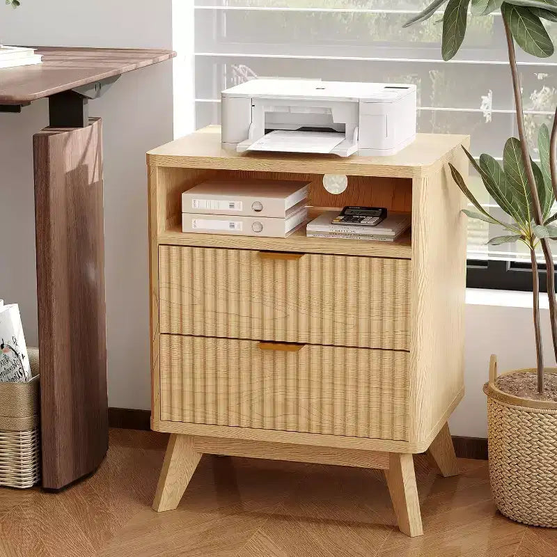 Comodino scanalato beige/marrone con stazione di ricarica e 2 cassetti – 1 o 2 pezzi