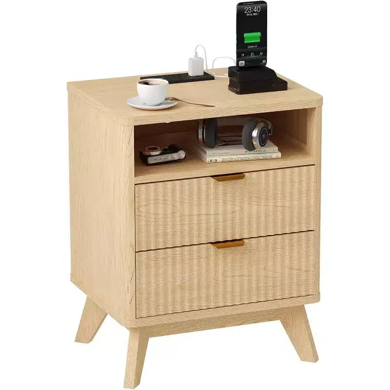Fluted Nightstand with Charging Station,Bedside Table with 2 Storage Drawers,End Table with 2 Drawers and Solid Wood Legs
