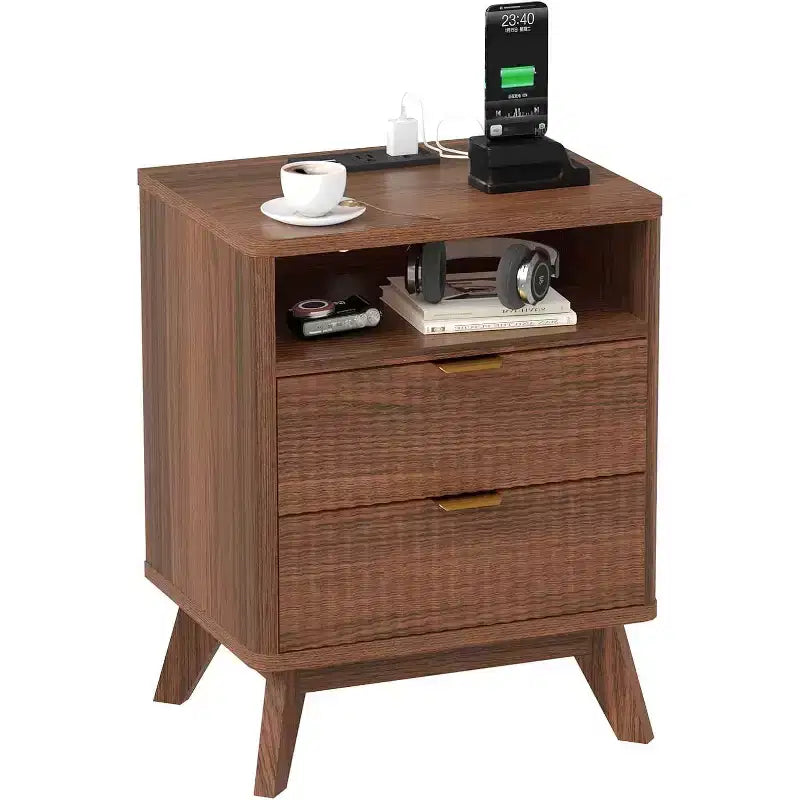 Comodino scanalato beige/marrone con stazione di ricarica e 2 cassetti – 1 o 2 pezzi