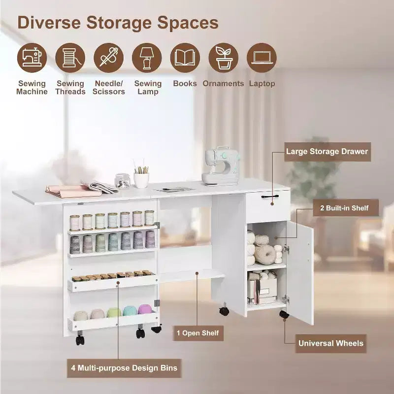 Tavolo da cucito pieghevole marrone/bianco, postazione artigianale monoposto con contenitore e ruote bloccabili