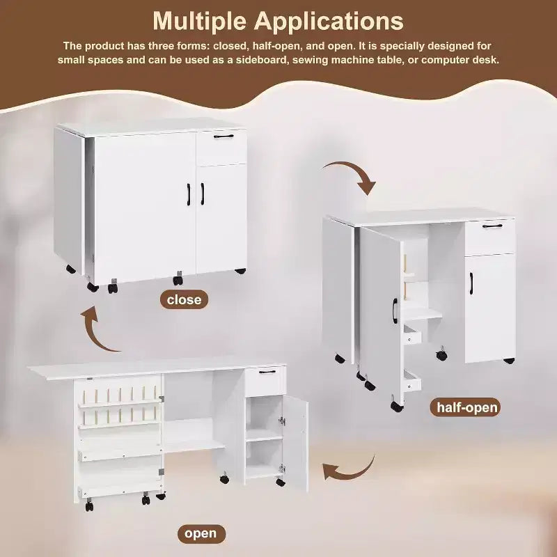 Tavolo da cucito pieghevole marrone/bianco, postazione artigianale monoposto con contenitore e ruote bloccabili