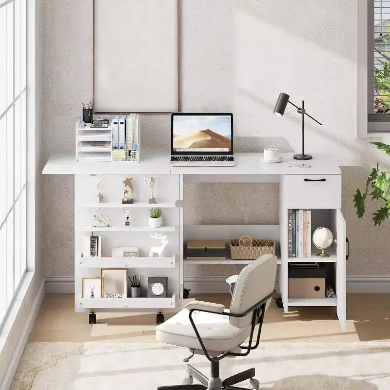 Tavolo da cucito pieghevole marrone/bianco, postazione artigianale monoposto con contenitore e ruote bloccabili