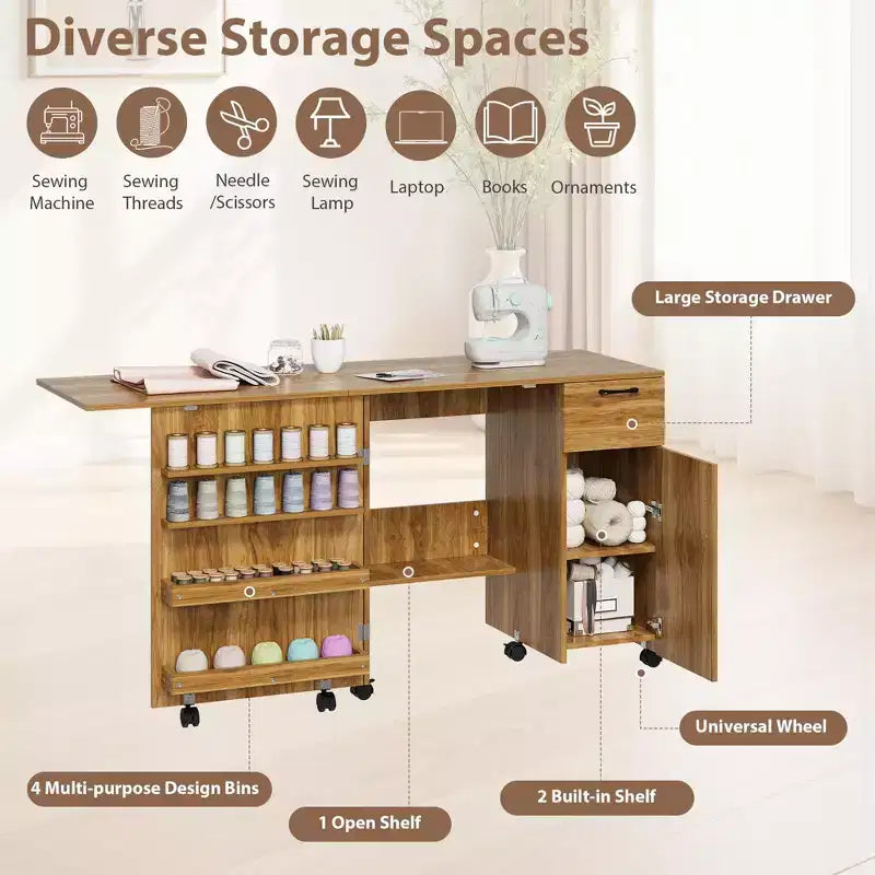 Tavolo da cucito pieghevole marrone/bianco, postazione artigianale monoposto con contenitore e ruote bloccabili