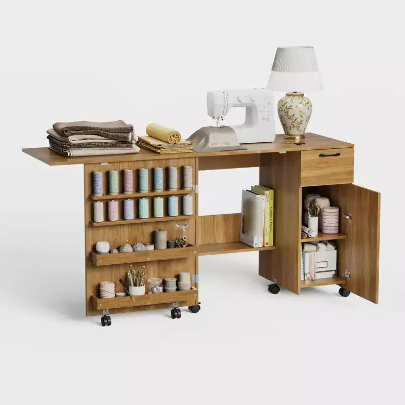Tavolo da cucito pieghevole marrone/bianco, postazione artigianale monoposto con contenitore e ruote bloccabili
