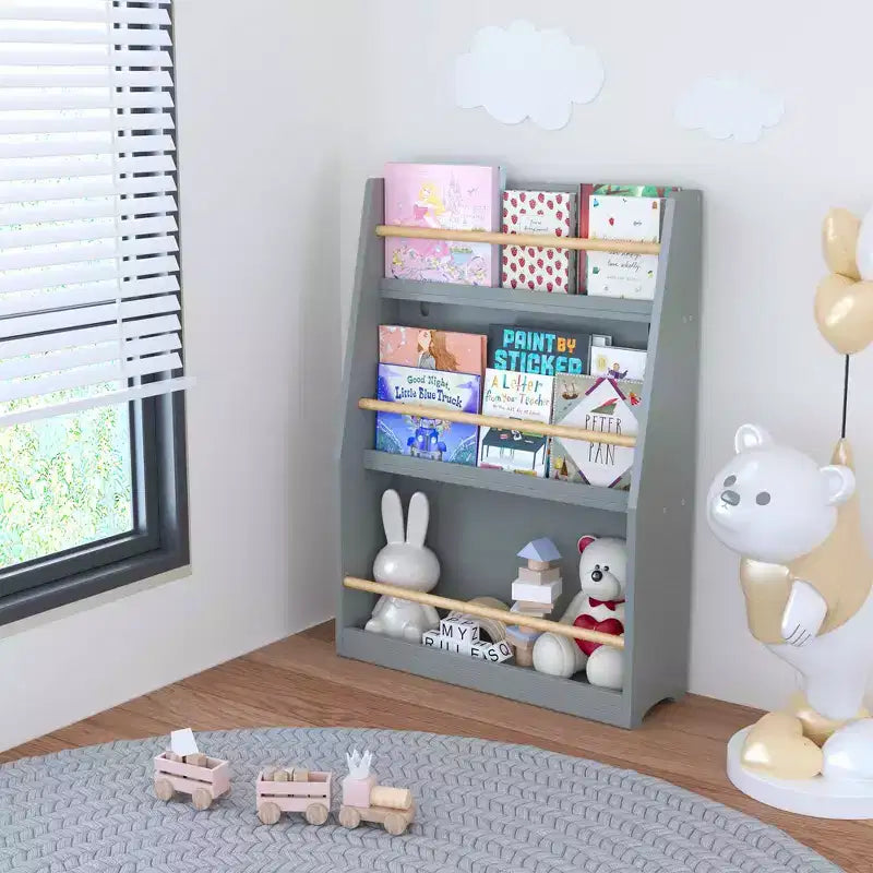 Scaffale per bambini a 3 ripiani grigio, libreria da terra per 1-2 utenti