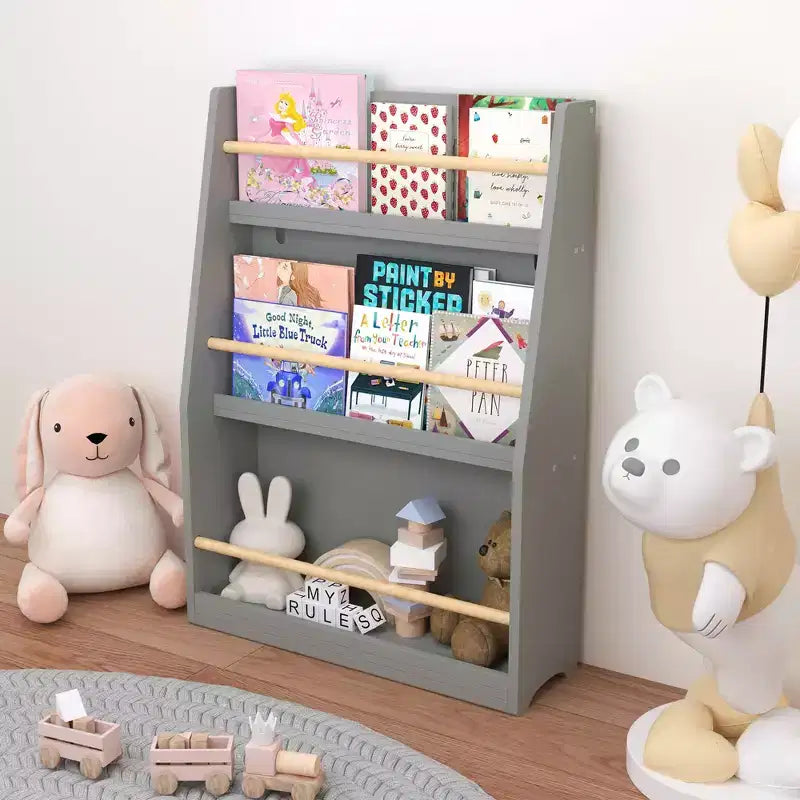 Scaffale per bambini a 3 ripiani grigio, libreria da terra per 1-2 utenti