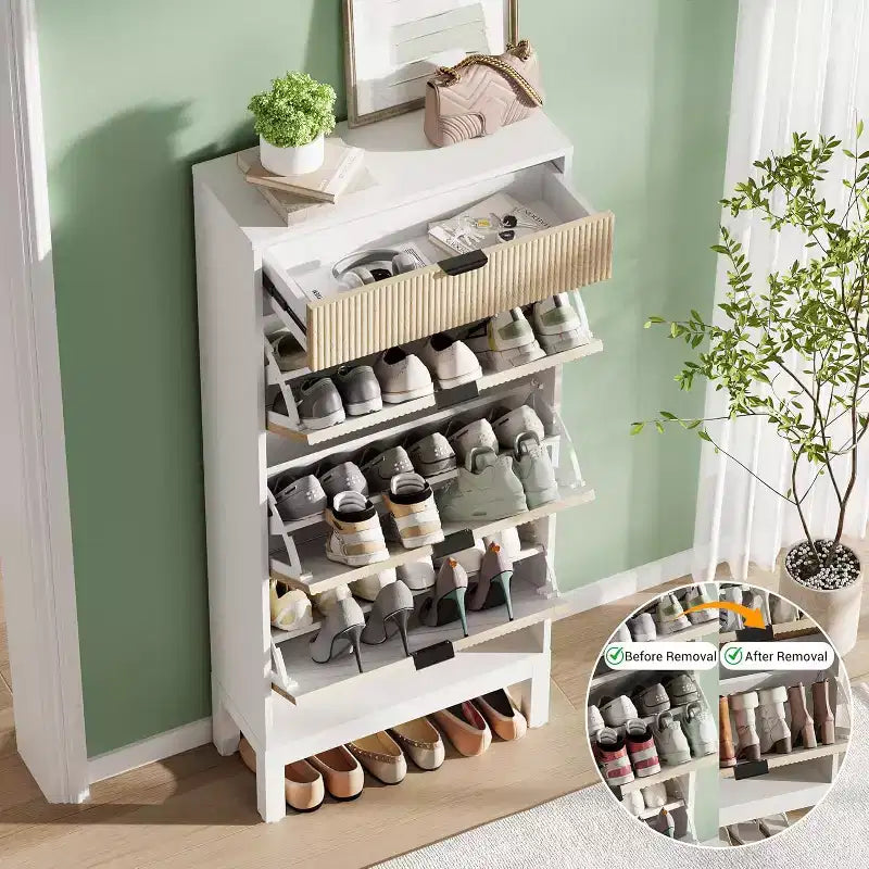 Scarpiera stretta in rovere nero/rovere bianco, 3 cassetti a ribalta + 1 cassetto contenitore, capacità 20 paia