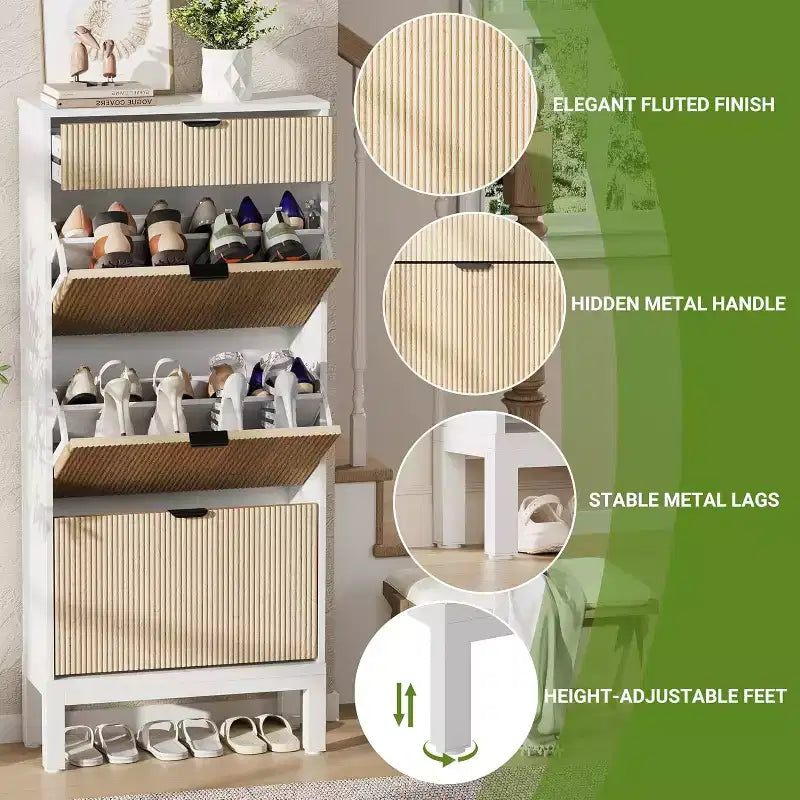 Scarpiera stretta in rovere nero/rovere bianco, 3 cassetti a ribalta + 1 cassetto contenitore, capacità 20 paia