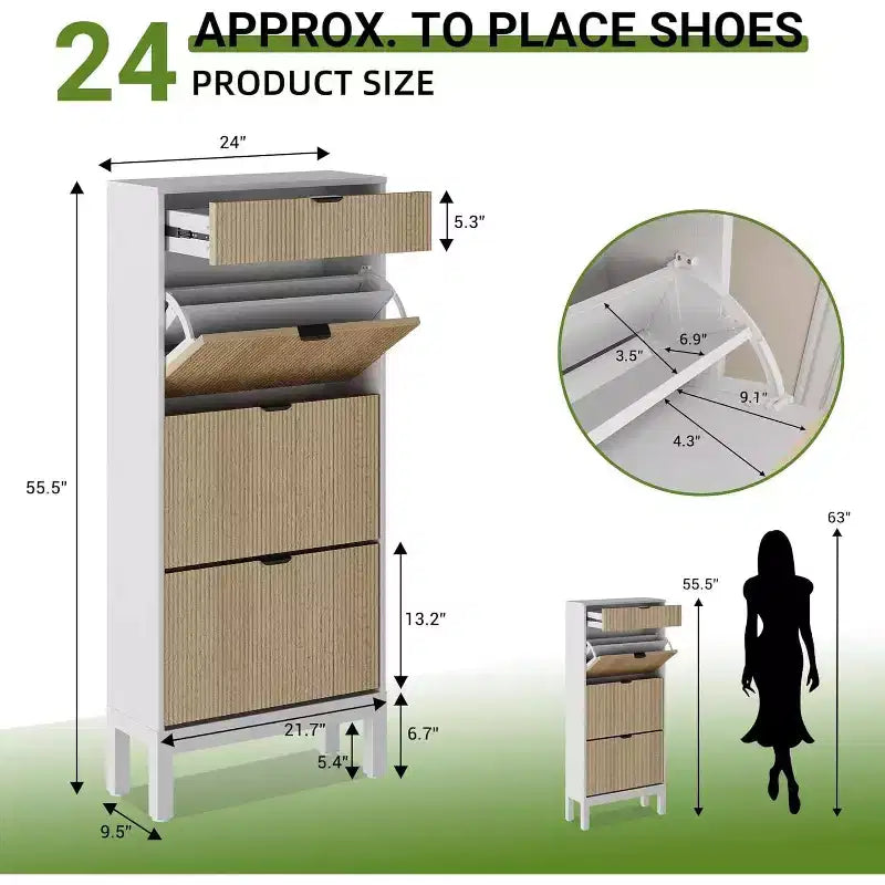Scarpiera stretta in rovere nero/rovere bianco, 3 cassetti a ribalta + 1 cassetto contenitore, capacità 20 paia