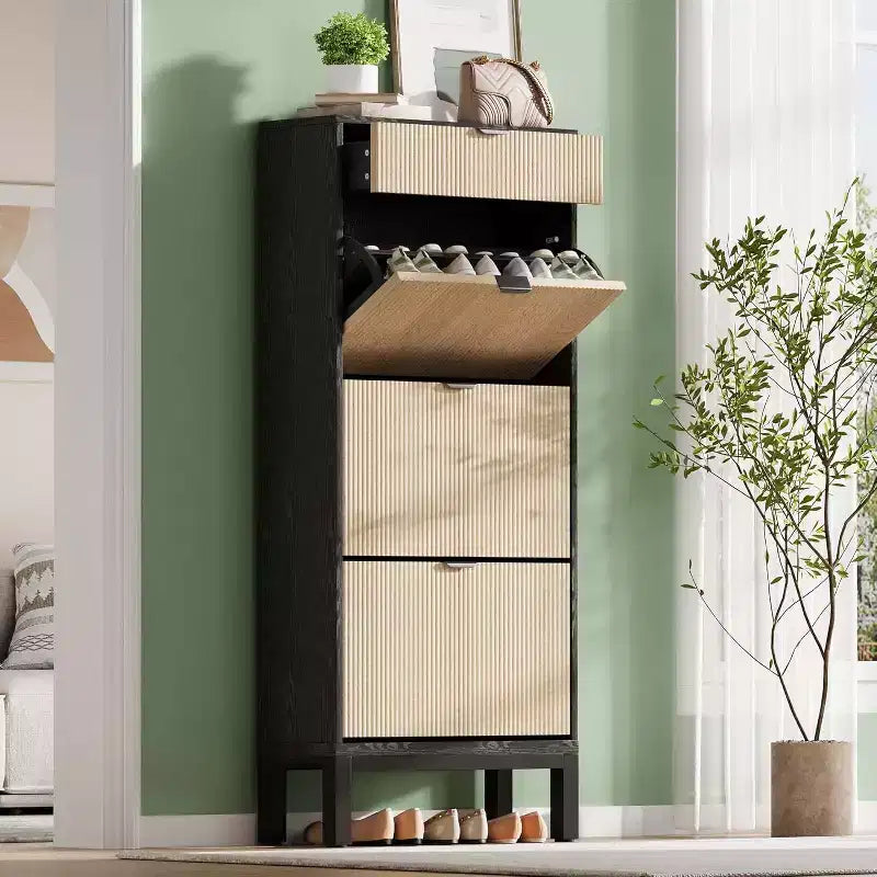 Scarpiera stretta in rovere nero/rovere bianco, 3 cassetti a ribalta + 1 cassetto contenitore, capacità 20 paia